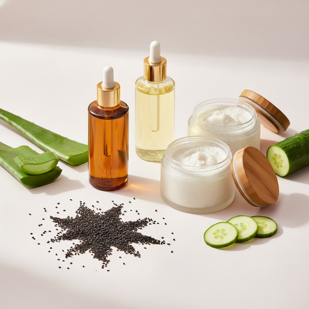 Create a category image for hair and body care products.

Visual focus:
Hair oil bottles, body scrubs, natural ingredients like aloe vera,
black seeds, cucumber slices.

Style:
Natural, fresh, wellness-focused,
clean product layout.

Background:
Soft neutral white with light pink tones.

Rules:
No text
No logos
No people

Technical:
Aspect ratio 1:1
High-resolution e-commerce category image
