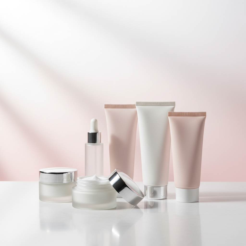Create a clean skincare category image for a beauty store.

Visual focus:
Face creams, face wash tubes, skincare jars,
soft minimal arrangement.

Style:
Fresh, clean, feminine, modern.
Dermatology-inspired product photography.

Background:
White to soft pink gradient,
airy and bright feel.

Rules:
No text
No logos
No people

Technical:
Aspect ratio 1:1
High-resolution Shopify category image

