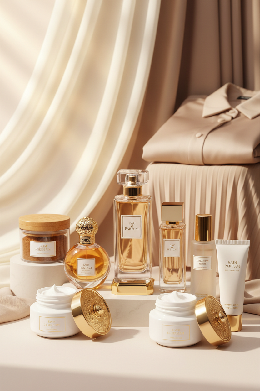 Create a mobilebanner image for an online beauty and lifestyle store.

Visual focus:
Luxury perfume bottles as the main highlight (Eau de Parfum and perfume oils),
with supporting beauty and personal care products placed around them:
face creams, facial scrubs, body oils, hair oils, hair treatments.

Include subtle modest fashion elements:
soft flowing abaya fabric or folded modest clothing placed in the background,
no mannequin, no human model.