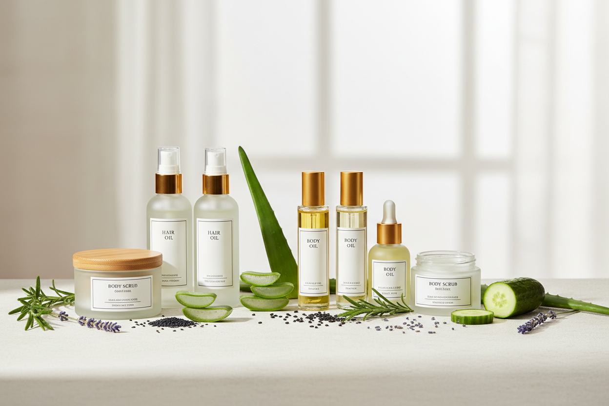 Create a wide desktop banner image for a Hair & Body Care collection.
Visual focus:
Natural hair oils, body oils, hair treatment bottles, and body scrubs,
neatly arranged as premium beauty products.
Include natural ingredients subtly:
aloe vera leaves, black seeds, cucumber slices, and light herbal elements,
placed softly around the products.
Style:
Clean, fresh, natural, and calming.
Modern beauty brand aesthetic with a wellness feel.
Not crowded, balanced composition.
Soft natural light with gentle shadow